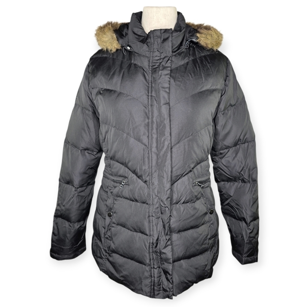 Larry Levine Down Black Puffer Coat Faux Fur Removable Hood Women’s L